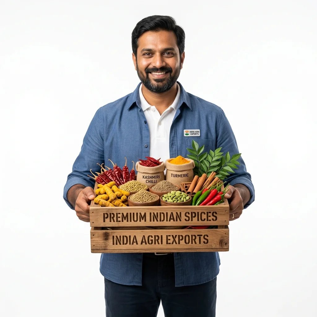 NSI Global Trade team member holding a crate of premium Indian spices